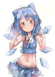 Rule 34 | 1girl, absurdres, adapted costume, artist name, bad id, bad pixiv id, bare shoulders, blue eyes, blue hair, blue shirt, blue skirt, bow, cirno, commentary, hair bow, highres, hogo, ice, ice wings, looking at viewer, midriff, navel, pleated skirt, pointing, pointing at self, shirt, short hair, skirt, sleeveless, sleeveless shirt, smile, solo, touhou, wings