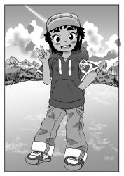 Rule 34 | 1girl, bad id, bad twitter id, baggy pants, baseball cap, blush stickers, border, buck teeth, child, cloud, day, drawstring, female focus, grass, greyscale, greyscale with colored background, hand in pocket, hat, highres, hood, hood down, hoodie, looking at viewer, monochrome, original, outdoors, pants, poccora, round teeth, shoes, sky, sneakers, solo, standing, teeth, thick eyebrows, tomboy, v, white border