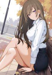 Rule 34 | 1girl, bare legs, bench, black skirt, breasts, brown hair, collared shirt, dress shirt, feet out of frame, head tilt, highres, icomochi, large breasts, crossed legs, long hair, long sleeves, looking at viewer, miniskirt, office lady, original, outdoors, park, park bench, pencil skirt, purple eyes, shirt, shirt tucked in, sidelocks, sitting, skirt, smile, solo, thighs, white shirt