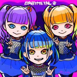 Rule 34 | babymetal, blue eyes, blue hair, bow, character request, happy, long hair, lsize, orange hair, purple hair, red eyes, tagme, twintails