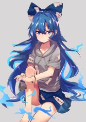 Rule 34 | 1girl, asuzemu, bare legs, blue bow, blue eyes, blue hair, blue skirt, bow, bowl, bracelet, drawstring, grey background, hair bow, holding, hood, hoodie, jewelry, knee up, long hair, looking at viewer, miniskirt, simple background, sitting, skirt, solo, touhou, very long hair, yorigami shion