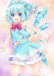 Rule 34 | 1girl, :d, adapted costume, armpits, bad id, bad pixiv id, bare shoulders, bloomers, blue bow, blue eyes, blue hair, blue shirt, blue skirt, blush, bow, cirno, cowboy shot, fang, funnyfunny, ice, ice wings, looking at viewer, marker (medium), open mouth, ponytail, shirt, short hair, skirt, skirt set, sleeveless, sleeveless shirt, smile, solo, touhou, traditional media, underwear, wings