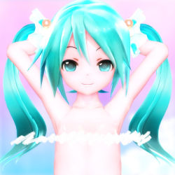 Rule 34 | 00s, 1girl, 3d, aqua eyes, aqua hair, armpits, arms behind head, arms up, censored, censored nipples, closed mouth, flat chest, hair bobbles, hair ornament, hair scrunchie, hatsune miku, long hair, looking at viewer, matching hair/eyes, novelty censor, nude, scrunchie, smile, solo, standing, touka1014, twintails, upper body, vocaloid