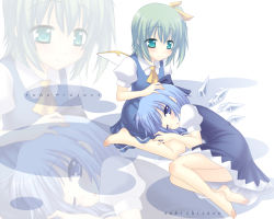 Rule 34 | 2girls, barefoot, blue eyes, blue hair, cirno, daiyousei, embodiment of scarlet devil, feet, green eyes, green hair, hand on another&#039;s head, lap pillow, multiple girls, one eye closed, ponytail, saki chisuzu, short hair, side ponytail, touhou, white background, wings, wink, zoom layer