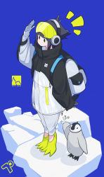 Rule 34 | 1girl, absurdres, backpack, bag, bird, black eyes, black hair, blue background, commentary request, fami (yellow skies), full body, gloves, highres, ice, long sleeves, looking away, original, penguin, salute, short hair, simple background, standing