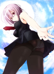 Rule 34 | 1girl, armpits, ass, black dress, black pantyhose, cloud, cloudy sky, crotch seam, dress, fate/grand order, fate (series), from below, glasses, highres, looking at viewer, mash kyrielight, necktie, outdoors, outstretched arm, outstretched hand, panties, panties under pantyhose, pantyhose, purple eyes, purple hair, rikudou inuhiko, short hair, sky, smile, solo, thighband pantyhose, underwear, upskirt, white panties