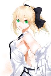 Rule 34 | 1girl, ahoge, artoria pendragon (all), artoria pendragon (fate), blonde hair, bow, breasts, commentary request, detached collar, dress, fate/grand order, fate (series), flower, gloves, green eyes, hair between eyes, hair bow, looking at viewer, open mouth, ponytail, saber lily, sideboob, simple background, small breasts, solo, strapless, strapless dress, upper body, waka (shark waka), white background