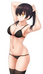 Rule 34 | 1girl, :t, armpits, arms up, bare arms, bare shoulders, black bra, black hair, black panties, black thighhighs, blush, bra, closed mouth, collarbone, cowboy shot, en&#039;en no shouboutai, groin, highres, kazenokaze, long hair, navel, panties, pout, simple background, skindentation, solo, standing, tamaki kotatsu, thighhighs, twintails, tying hair, underwear, underwear only, v-shaped eyebrows, white background, yellow eyes