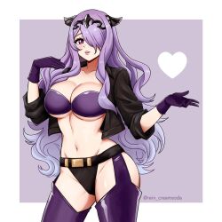 Rule 34 | 1girl, alternate costume, angel (kof), angel (kof) (cosplay), artist name, breasts, camilla (fire emblem), cosplay, crown, fake horns, fire emblem, fire emblem fates, garter straps, gloves, hair over one eye, heart, horns, large breasts, lips, long hair, looking at viewer, nintendo, parted lips, purple eyes, purple gloves, purple hair, rein creamsoda, smile, solo, the king of fighters, thighhighs, waves