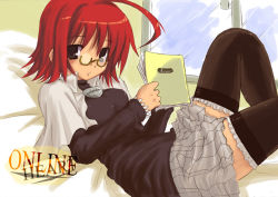 Rule 34 | 1girl, ahoge, bed, black thighhighs, book, glasses, holding, holding book, kanna ryouto, lying, on back, open book, pince-nez, reading, red hair, short hair, solo, thighhighs, zettai ryouiki