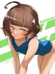 Rule 34 | 1girl, :/, absurdres, ahoge, bent over, blue one-piece swimsuit, blunt bangs, blush, breasts, brown hair, character name, collarbone, dated, green eyes, highres, kantai collection, kishinami (kancolle), one-piece swimsuit, school swimsuit, short hair, simple background, small breasts, solo, sweatdrop, swimsuit, twitter username, umibudou