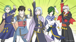 Rule 34 | 5boys, ^ ^, absurdres, arm up, black gloves, black hair, blue scarf, cape, circlet, clenched hand, closed eyes, closed mouth, commentary request, emphasis lines, eyepatch, fake horns, fire emblem, fire emblem: genealogy of the holy war, fire emblem: the blazing blade, fire emblem: three houses, fire emblem awakening, fire emblem fates, fire emblem heroes, gloves, gradient background, green background, green eyes, green hair, hair over one eye, highres, horns, lewyn (fire emblem), lon&#039;qu (fire emblem), medium hair, midori no baku, multiple boys, niles (fire emblem), nintendo, pent (fire emblem), purple cape, scarf, seteth (fire emblem), short hair, simple background, smile, teeth, two-tone background, two-tone scarf, white background, white scarf