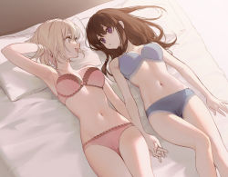 Rule 34 | 2girls, arm behind head, blonde hair, blue bra, blue panties, bra, breasts, brown hair, cleavage, highres, holding hands, inoue takina, lace, lace-trimmed bra, lace-trimmed panties, lace trim, lingerie, long hair, looking at another, lycoris recoil, lying, medium breasts, medium hair, multiple girls, navel, nishikigi chisato, on back, on bed, panties, pink bra, pink panties, purple eyes, red eyes, short hair, side-by-side, smile, smilesmile1312, underwear, underwear only, yuri