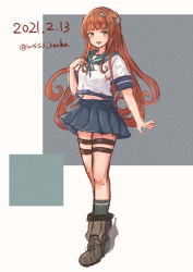 Rule 34 | 1girl, black socks, blue sailor collar, blue skirt, blunt bangs, brown hair, commentary request, dated, fubuki (kancolle), full body, green eyes, hand on own chest, headgear, helena (kancolle), highres, kantai collection, kneehighs, long hair, looking at viewer, one-hour drawing challenge, pleated skirt, rudder footwear, sailor collar, school uniform, serafuku, skirt, socks, solo, standing, very long hair, wss (nicoseiga19993411)