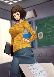 Rule 34 | 1girl, angry, artist logo, blue skirt, breasts, brown hair, chalkboard, classroom, collarbone, desk, eightyfourart, hand on own hip, highres, holding, holding notebook, indoors, kawakami sadayo, lips, math, medium breasts, notebook, paper, parted lips, persona, persona 5, shirt, short hair, skirt, striped clothes, striped shirt, teacher, academic test, v-shaped eyebrows, yellow shirt