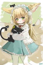 Rule 34 | 1girl, :d, absurdres, animal, animal ears, animal hug, arknights, black cat, blonde hair, blue hairband, blue skirt, cat, closed eyes, closed mouth, commentary request, crossover, feet out of frame, fox ears, fox girl, fox tail, frilled hairband, frills, green background, green eyes, hairband, heixiu, highres, jacket, kitsune, long hair, long sleeves, luo xiaohei, neck ribbon, open clothes, open jacket, open mouth, pantyhose, puffy long sleeves, puffy sleeves, red ribbon, ribbon, s0316, shirt, signature, skirt, sleeves past wrists, smile, suzuran (arknights), suzuran (spring praise) (arknights), tail, luo xiaohei zhanji, two-tone background, very long hair, white background, white jacket, white pantyhose, white shirt