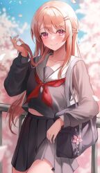 Rule 34 | 1girl, bag, black serafuku, black skirt, blurry, blurry background, braid, cherry blossoms, closed mouth, collarbone, day, dyang, hair ornament, hairpin, hand up, highres, light brown hair, long hair, midriff peek, neckerchief, original, outdoors, pink eyes, playing with own hair, pleated skirt, red neckerchief, school bag, school uniform, serafuku, skirt, smile, solo