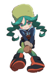 Rule 34 | 1girl, black footwear, blue jacket, blush stickers, boots, brown mittens, closed mouth, creatures (company), full body, fur hat, game freak, green hair, green hat, green pantyhose, hair between eyes, hat, jacket, long hair, long sleeves, looking at viewer, mittens, nintendo, own hands together, pantyhose, pokemon, pokemon legends: arceus, sabi (pokemon), skirt, smile, solo, twintails, white background, yoko.u