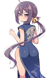Rule 34 | 1girl, absurdres, ahoge, akebono (kancolle), ass, bell, china dress, chinese clothes, commentary request, cowboy shot, dress, floral print, flower, from behind, hair bell, hair flower, hair ornament, highres, jingle bell, kantai collection, kurokoshou (emuburemu123), long hair, looking at viewer, looking back, purple eyes, purple hair, side ponytail, side slit, simple background, solo, very long hair, white background