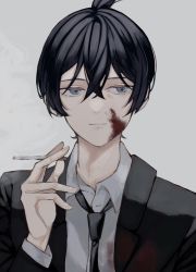 Rule 34 | 1boy, black hair, black jacket, black necktie, blood, blood on clothes, blood on face, chainsaw man, cigarette, collared shirt, formal, grey background, hayakawa aki, highres, holding, holding cigarette, jacket, looking to the side, necktie, shirt, short hair, simple background, smoke, solo, suit, topknot, white shirt, woruworu 61