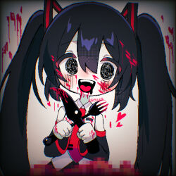 1girl :d amasio bare_shoulders binomi_(vocaloid) black_eyes black_hair black_sleeves blood blood_on_clothes blood_on_face blood_on_fork blood_on_hands chromatic_aberration collared_shirt colored_skin commentary_request detached_sleeves double-parted_bangs fork hair_between_eyes hair_ornament hatsune_miku heart highres holding holding_fork long_hair long_sleeves looking_at_viewer necktie open_mouth red_necktie shirt simple_background sleeveless sleeveless_shirt smile solo teeth tie_clip twintails upper_body upper_teeth_only vignetting vocaloid white_background white_shirt white_skin