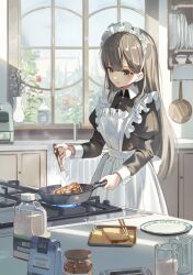 Rule 34 | 1girl, apron, black hair, cooking, day, french toast, frying pan, highres, holding, holding spatula, indoors, kitchen, long hair, maid, maid apron, maid headdress, original, shii (kairi-t-k0317), solo, spatula, stove, window