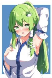 Rule 34 | 1girl, arm up, armpits, blue background, blush, breasts, collared shirt, commentary request, detached sleeves, frog hair ornament, green eyes, green hair, hair between eyes, hair ornament, hair tubes, highres, kochiya sanae, large breasts, long hair, looking at viewer, open mouth, pony (animal), shirotsuki shirone, shirt, sidelocks, sleeveless, sleeveless shirt, snake hair ornament, solo, touhou, two-tone background, upper body, white background, white shirt, white sleeves