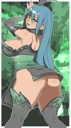 Rule 34 | 1girl, aqua eyes, ass, bare shoulders, blue hair, breasts, chrysalis (my little pony), collaboration, crown, curvy, highres, large breasts, looking at viewer, looking back, makeup, maniacpaint, my little pony, my little pony: friendship is magic, nail polish, oddmachine, personification, sideboob, smile, thighhighs