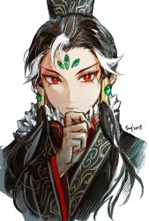 Rule 34 | 1boy, aged down, black hair, eyeshadow, fate/grand order, fate (series), fingernails, gem, hair ornament, hand on own chin, highres, looking at viewer, makeup, multicolored hair, nail polish, portrait, red eyes, red nails, robe, sangzhujun, sharp fingernails, shi huang di (fate), simple background, solo, two-tone hair, white background, white hair