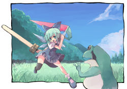 Rule 34 | 1girl, advent cirno, asymmetrical clothes, bad id, bad pixiv id, blue eyes, blue hair, cirno, dress, female focus, forest, frog, matching hair/eyes, milcoco, nature, plant, ribbon, short hair, single thighhigh, sky, solo, sword, thighhighs, touhou, weapon, wings