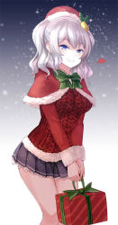 Rule 34 | 10s, 1girl, asle, bad id, bad pixiv id, bell, blue eyes, blue skirt, blush, bow, bowtie, capelet, christmas, fur trim, gift, green bow, green bowtie, hair bell, hair ornament, hat, holding, holding gift, kantai collection, kashima (kancolle), long sleeves, looking at viewer, own hands together, pleated skirt, santa hat, short hair, silver hair, simple background, skirt, smile, snowflakes, snowing, solo, standing, sweater, two side up, v arms