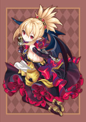 Rule 34 | 1girl, absurdres, bat wings, black gloves, black legwear, blonde hair, blush, bow, breasts, cup, demon girl, disgaea, dress, earrings, elbow gloves, food, gloves, high heels, highres, ice cream, jewelry, kikimi, looking at viewer, makai senki disgaea 2, pointy ears, red bow, red eyes, rozalin, small breasts, solo, spoon, strapless, strapless dress, wings, yellow bow