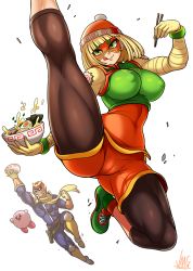 Rule 34 | 1boy, 1girl, :d, arms (game), beanie, black leggings, blonde hair, bowl, breasts, cameltoe, captain falcon, chopsticks, cleft of venus, closed mouth, covered erect nipples, domino mask, f-zero, food, green eyes, hat, highres, impossible clothes, jmg, kicking, kirby, kirby (series), large breasts, leg up, leggings, legs, looking at viewer, mask, min min (arms), nintendo, noodles, open mouth, ramen, shoes, short hair, shorts, simple background, smile, sneakers, super smash bros., thighs, tongue, tongue out, vest, white background
