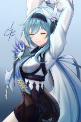 Rule 34 | 1girl, absurdres, arms behind head, arms up, artist name, black hairband, black leotard, blue background, blue cape, blue hair, blue necktie, blush, breasts, cape, closed eyes, closed mouth, dated, eula (genshin impact), genshin impact, hair ornament, hairband, highres, i a n, jewelry, leotard, long sleeves, medium breasts, medium hair, necktie, pendant, sidelocks, signature, simple background, solo, vision (genshin impact)