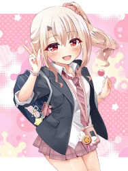 Rule 34 | 1girl, bag, black jacket, blush, bracelet, breasts, candy, cellphone charm, charm (object), collared shirt, dress shirt, fate/kaleid liner prisma illya, fate (series), food, highres, illyasviel von einzbern, jacket, jewelry, lollipop, long hair, long sleeves, looking at viewer, magical ruby, mochi (k620803n), necktie, open clothes, open jacket, open mouth, pink skirt, red eyes, school bag, school uniform, shirt, side ponytail, sidelocks, skirt, small breasts, smile, solo, thighs, white hair, white shirt