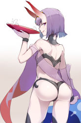 Rule 34 | 1girl, :q, absurdres, aosora kamiya, ass, beige background, blunt bangs, closed mouth, cup, fang, fate/grand order, fate (series), from behind, gradient background, hagoromo, hand up, highres, holding, horns, looking at viewer, looking back, profile, purple eyes, purple hair, revealing clothes, sakazuki, shawl, short hair, shuten douji (fate), skin-covered horns, smile, solo, thighs, tongue, tongue out