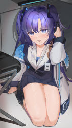 Rule 34 | 1girl, black footwear, black gloves, black skirt, blue archive, blue eyes, blush, boots, breasts, collared shirt, gloves, half gloves, halo, highres, id card, jacket, long hair, long sleeves, looking at viewer, nuda, open clothes, open jacket, open mouth, purple hair, seiza, shirt, sitting, skirt, solo, suggestive fluid, swimsuit, swimsuit under clothes, thighs, two side up, white jacket, white shirt, yuuka (blue archive)