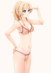 Rule 34 | 1girl, ayase eli, blonde hair, blue eyes, bra, breasts, cleavage, closed mouth, cowboy shot, hair tie, hand on own hip, highres, jou (circlemay), lace, lace-trimmed bra, lace-trimmed panties, lace trim, lingerie, looking to the side, love live!, love live! school idol project, medium breasts, medium hair, navel, orange bra, orange panties, panties, ponytail, print bra, print panties, shading eyes, simple background, smile, solo, standing, string panties, underwear, underwear only, white background