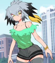 Rule 34 | 10s, 1girl, :/, alternate costume, arms at sides, bad id, bad pixiv id, bare shoulders, belt, black bra, black hair, blonde hair, blouse, bra, bra strap, breasts, building, casual, city, cleavage, collarbone, commentary request, contemporary, day, feathers, frills, green shirt, grey hair, grey shorts, hair between eyes, head wings, kemono friends, large breasts, long hair, low ponytail, multicolored hair, no nose, nuka cola06, off shoulder, outdoors, shirt, shoebill (kemono friends), short shorts, shorts, side ponytail, skindentation, sky, solo, thighhighs, underwear, wings, wristband, yellow eyes, zettai ryouiki