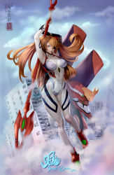 Rule 34 | 1girl, 2022, adjusting hair, arms up, blue eyes, blue sky, bodysuit, breasts, brown hair, building, city, curvy, dated, enso won, eva 02, evangelion: 3.0+1.0 thrice upon a time, eyepatch, full body, gloves, hair between eyes, highres, holding, holding weapon, interface headset, lance, lance of cassius, lips, long hair, looking at viewer, mecha, medium breasts, neon genesis evangelion, one eye covered, parted lips, pilot suit, plugsuit, polearm, rebuild of evangelion, robot, simple background, skin tight, sky, solo, souryuu asuka langley, spear, translation request, twintails, two side up, very long hair, weapon, white bodysuit, white gloves, wide hips