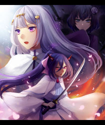 Rule 34 | 3girls, :o, black hair, blue eyes, brooch, flower, hair flower, hair ornament, hairclip, highres, holding, holding sword, holding weapon, horns, jewelry, letterboxed, multiple girls, pixiv fantasia, pixiv fantasia age of starlight, ponytail, princess siran, purple empress ranrei, purple eyes, red eyes, sae (091688), short hair, silver hair, standing, sword, weapon, wide sleeves