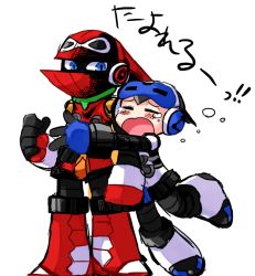Rule 34 | 2boys, android, armor, beck (mighty no. 9), blue eyes, brandish (mighty no. 9), eyebrows, closed eyes, helmet, joints, mighty no. 9, mighty no 7, multiple boys, no humans, open mouth, robot, robot joints, simple background, white background