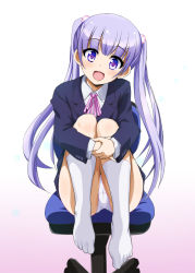 Rule 34 | 10s, 1girl, :d, blazer, blush, chair, collared shirt, feet, flower, formal, full body, gradient background, hair flower, hair ornament, head tilt, jacket, kneehighs, long hair, long sleeves, looking at viewer, neck ribbon, new game!, no shoes, office chair, open mouth, ouhashi, own hands together, panties, pantyshot, pink ribbon, purple eyes, ribbon, shirt, sitting, skirt, smile, socks, solo, suit, suzukaze aoba, swivel chair, toes, twintails, underwear, very long hair, white panties, white shirt, white socks, wing collar
