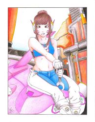 Rule 34 | :d, adapted costume, alternate hairstyle, ankle boots, bare shoulders, between legs, boots, bracer, breasts, brown eyes, brown hair, buttons, collarbone, colored pencil (medium), crop top, d.va (overwatch), emblem, facepaint, facial mark, gloves, grin, groin, hair bun, headphones, highres, holding, industrial pipe, jarm esoj, logo, mecha, mechanic, meka (overwatch), midriff, navel, open mouth, overwatch, overwatch 1, pants, robot, short hair, sidelocks, signature, single hair bun, sitting, sleeveless, smile, solo, stomach, teeth, thrusters, traditional media, whisker markings, white footwear, white gloves, wrench