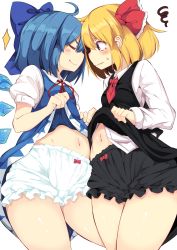 Rule 34 | 2girls, black bloomers, black dress, blonde hair, bloomers, blue dress, blue hair, blush, bow, breasts, cirno, closed eyes, clothes lift, commentary request, cowboy shot, dress, dress lift, facing another, from side, hair ribbon, highres, ice, ice wings, kneeling, lifting own clothes, lolimate, long sleeves, looking at another, multiple girls, navel, neck ribbon, profile, puffy short sleeves, puffy sleeves, red bow, red eyes, red ribbon, ribbon, rumia, shirt, short hair, short sleeves, simple background, small breasts, smile, smug, standing, stomach, thighs, touhou, underwear, wavy mouth, white background, white bloomers, white shirt, wings