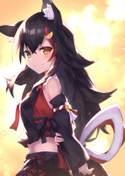 Rule 34 | 1girl, absurdres, animal ear fluff, animal ears, arm behind back, bare shoulders, bell, black hair, black shirt, black skirt, black sleeves, breasts, brown eyes, closed mouth, commentary request, detached sleeves, hair between eyes, hair ornament, highres, hololive, jingle bell, long hair, long sleeves, looking to the side, masaki (msk064), multicolored hair, ookami mio, ookami mio (1st costume), pleated skirt, red hair, shirt, skirt, sleeveless, sleeveless shirt, sleeves past wrists, small breasts, smile, solo, streaked hair, very long hair, virtual youtuber, wolf ears