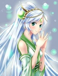 Rule 34 | 10s, blush, cardfight!! vanguard, detached sleeves, emerald witch lala, green eyes, hair ornament, hands together, headdress, japanese clothes, kimono, long hair, looking at viewer, oracle think tank, silver hair, yukata