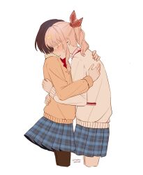Rule 34 | 1girl, 1other, akiyama mizuki, androgynous, artist name, bob cut, bow, bowtie, brown cardigan, brown hair, cardigan, colored eyelashes, commentary, dated, from side, hands on another&#039;s back, highres, hug, kamiyama high school uniform (project sekai), kyline, long hair, long sleeves, pantyhose, pink background, pink hair, plaid, plaid skirt, pleated skirt, project sekai, red bow, red bowtie, school uniform, shinonome ena, short hair, sidelocks, simple background, skirt, symbol-only commentary, white background