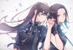 Rule 34 | 2girls, bad id, bad twitter id, bang dream!, black hair, black shirt, blue eyes, blue shirt, blush, brown hair, closed mouth, confetti, grey background, grey eyes, hair between eyes, hanazono tae, hand up, highres, long hair, looking at another, multiple girls, open mouth, puffy short sleeves, puffy sleeves, shiontaso, shirt, short sleeves, sidelocks, smile, upper body, wakana rei, wind