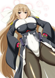 Rule 34 | 1girl, aoi kimi, ass, blush, bodysuit, breasts, brown eyes, brown hair, covered erect nipples, hands on own hips, huge breasts, kyoukaisenjou no horizon, large breasts, legs, long hair, masara (chuujou), pantyhose, samara, solo, thick thighs, thighs, very long hair